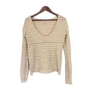 Free People Women's Crochet Open Knit Wool‎ Blend Scoop Neck Sweater Cream XS